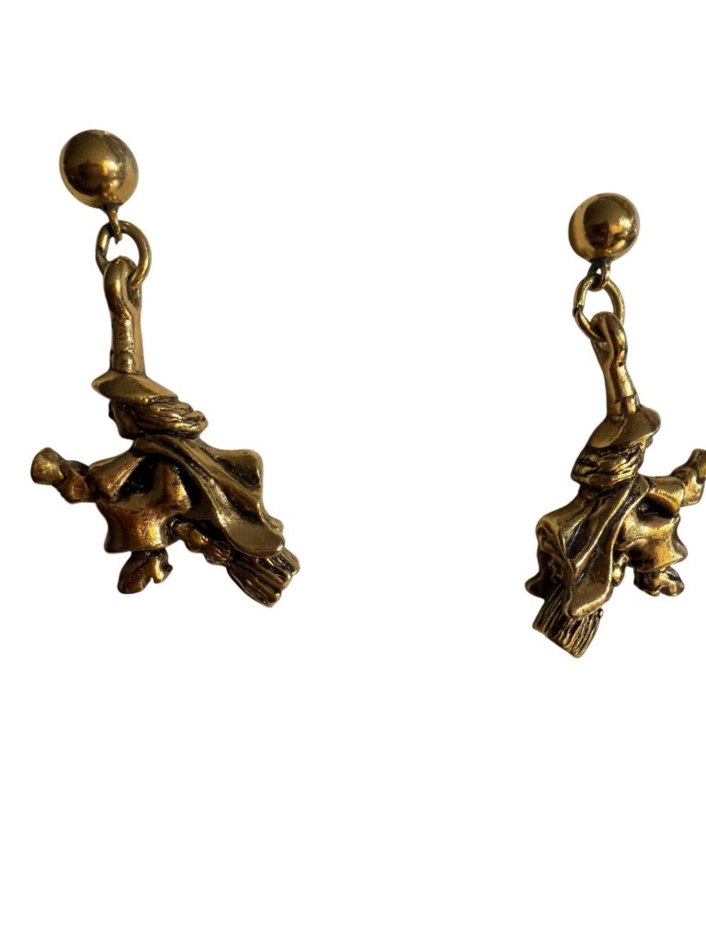 Vintage Avon Gold Tone Witch on Broom Dangle Earrings Post Back 3D 1994 Estate